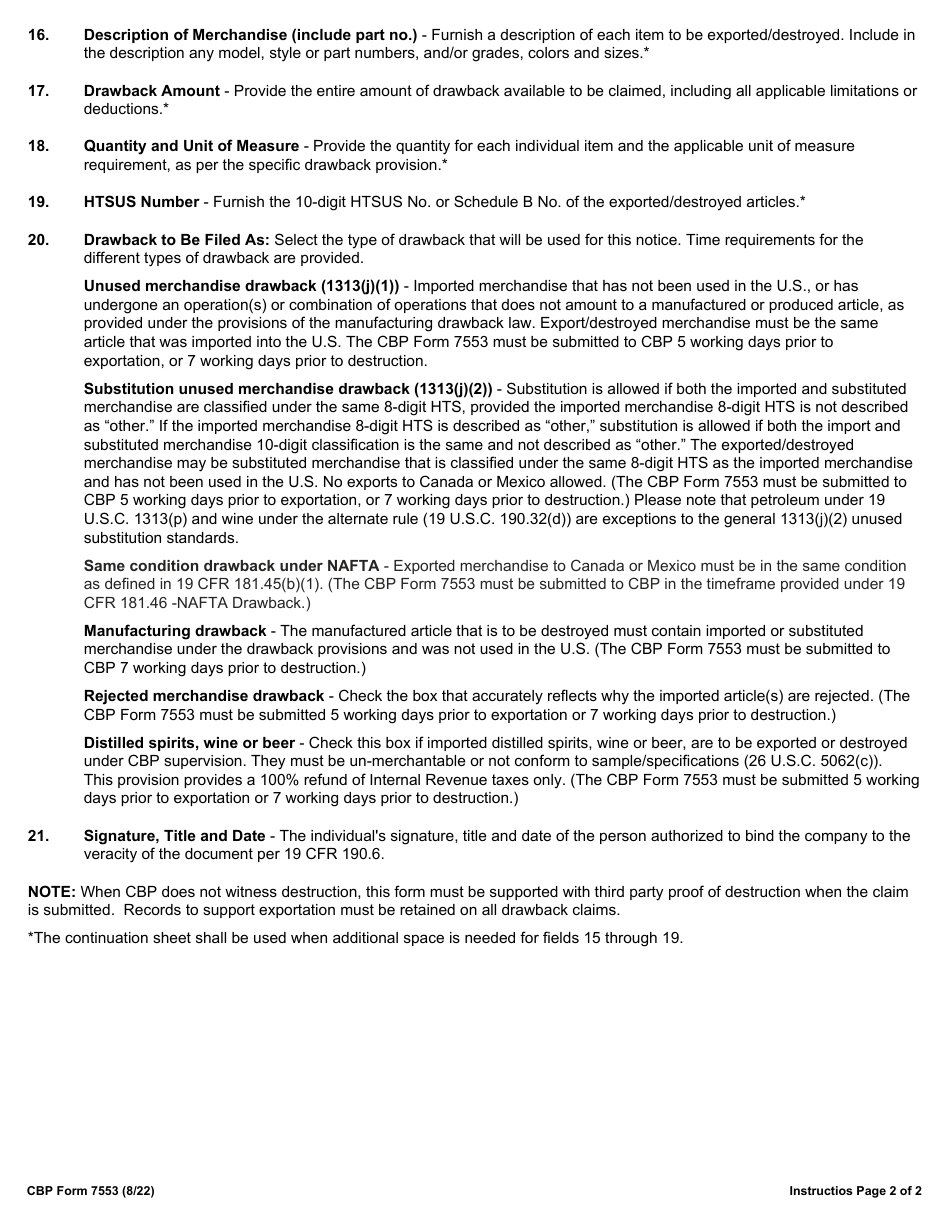 CBP Form 7553 Notice of Intent to Export, Destroy or Return Merchandise for Purposes of Drawback, Page 5