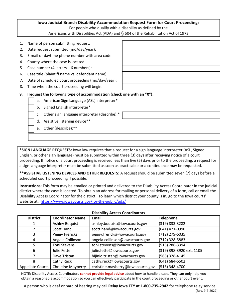 Disability Accommodation Request Form for Court Proceedings for People Who Qualify With a Disability as Defined by the Americans With Disabilities Act (Ada) and 504 of the Rehabilitation Act of 1973 - Iowa, Page 1