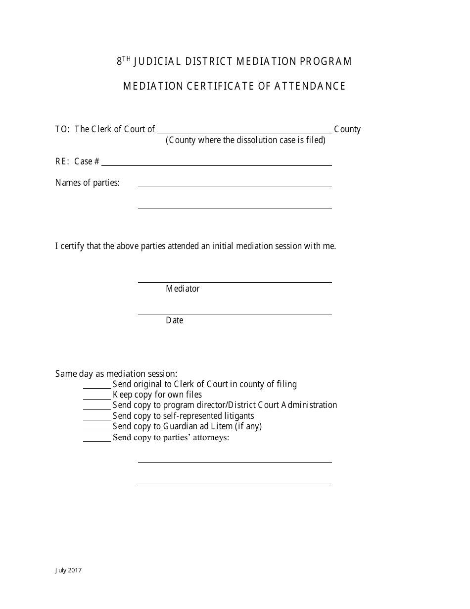 Mediation Certificate of Attendance - 8 Th Judicial District Mediation Program - Iowa, Page 1
