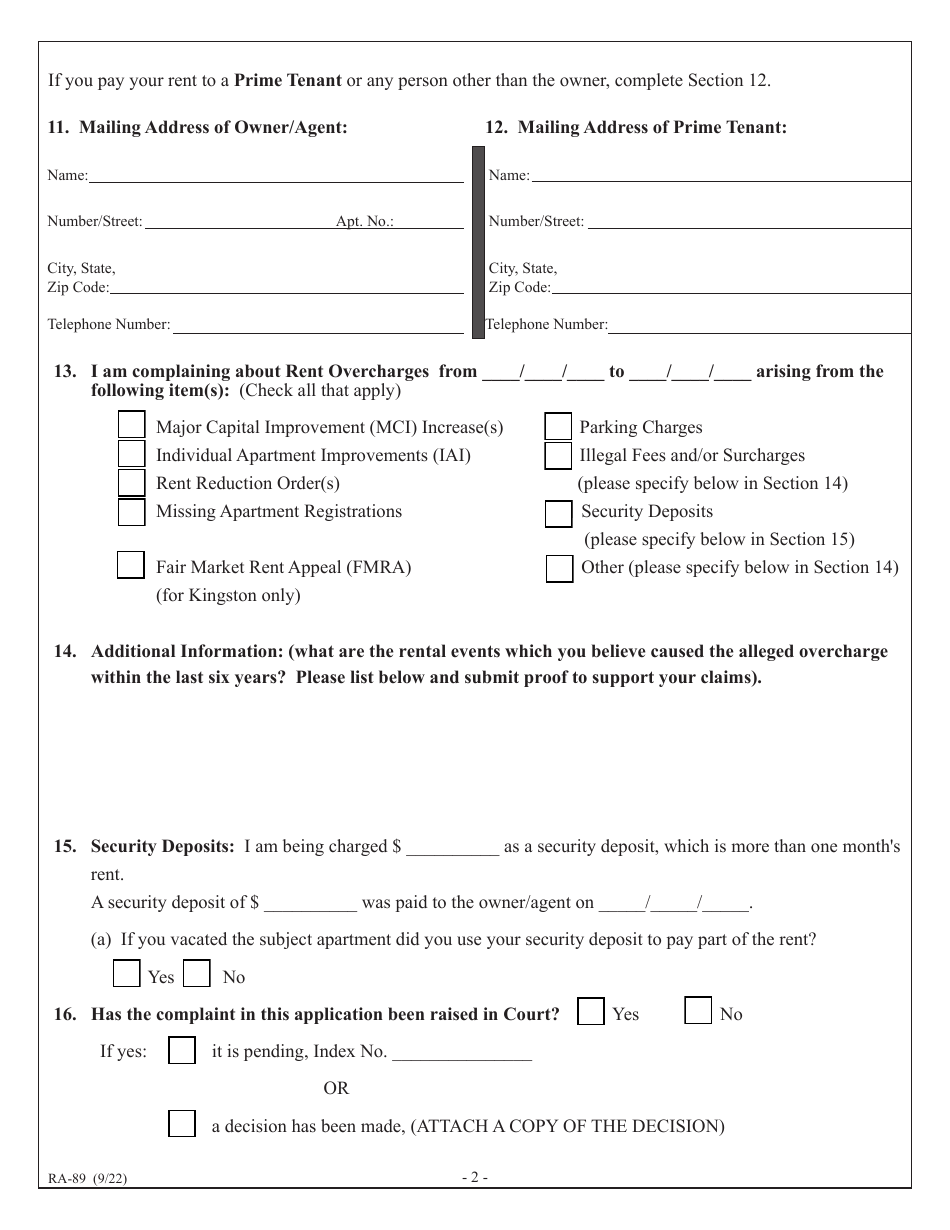 Form RA-89 Tenants Complaint of Rent and / or Other Specific Overcharges in a Rent Stabilized Apartment - New York, Page 4