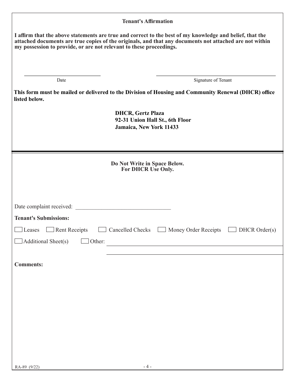 Form RA-89 Tenants Complaint of Rent and / or Other Specific Overcharges in a Rent Stabilized Apartment - New York, Page 6