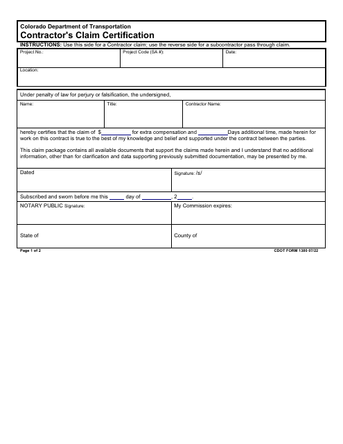 CDOT Form 1380 Contractor's Claim Certification - Colorado