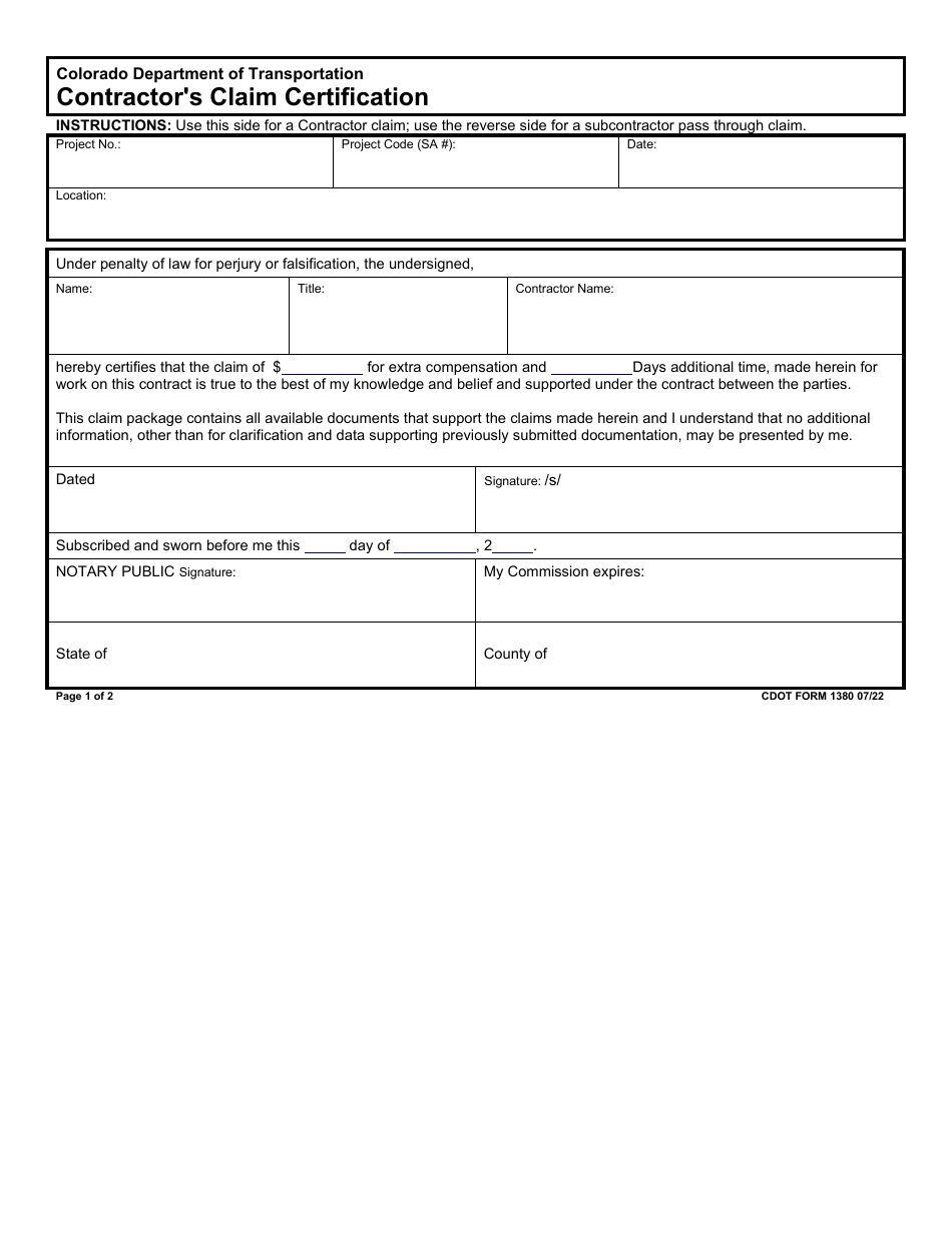 CDOT Form 1380 Contractors Claim Certification - Colorado, Page 1