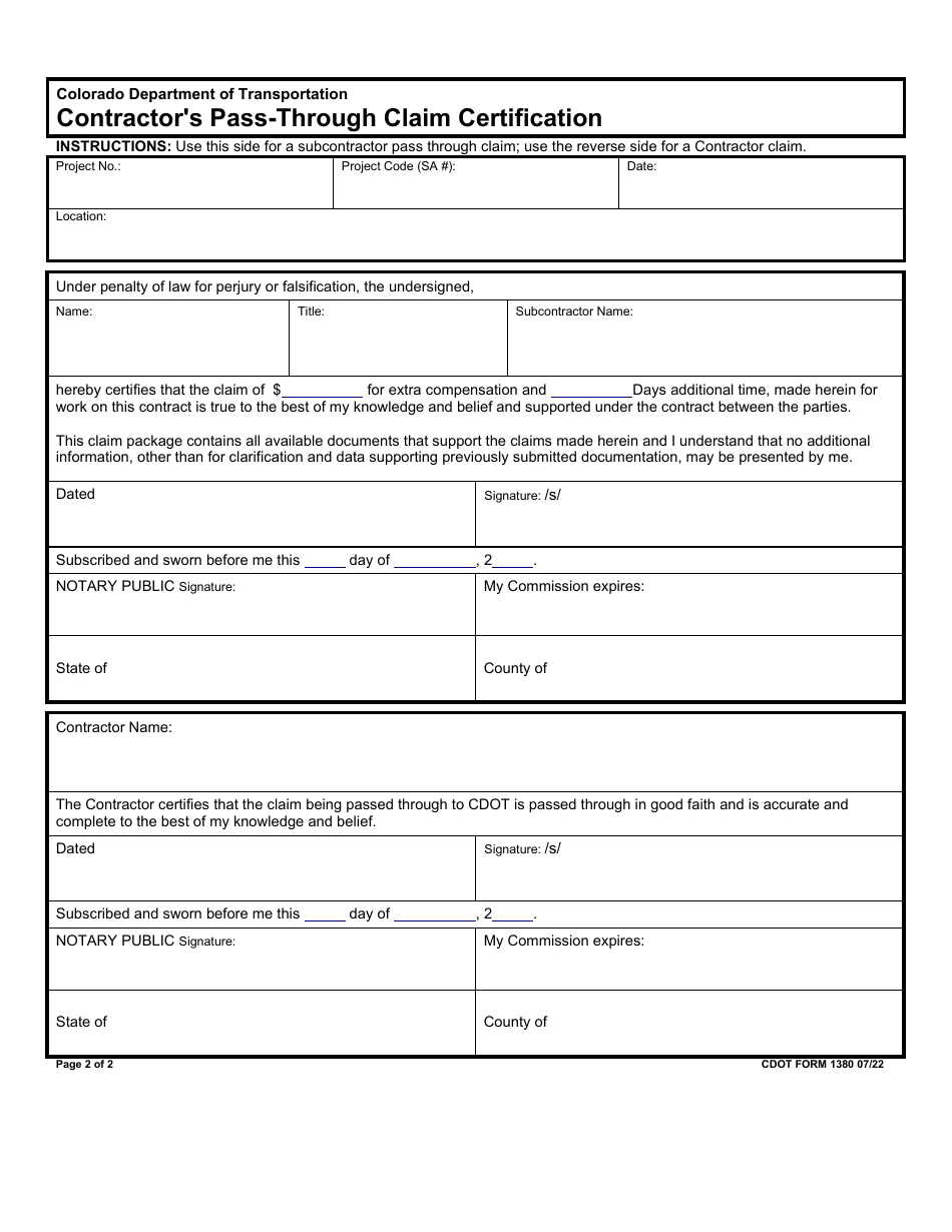 CDOT Form 1380 Contractors Claim Certification - Colorado, Page 2