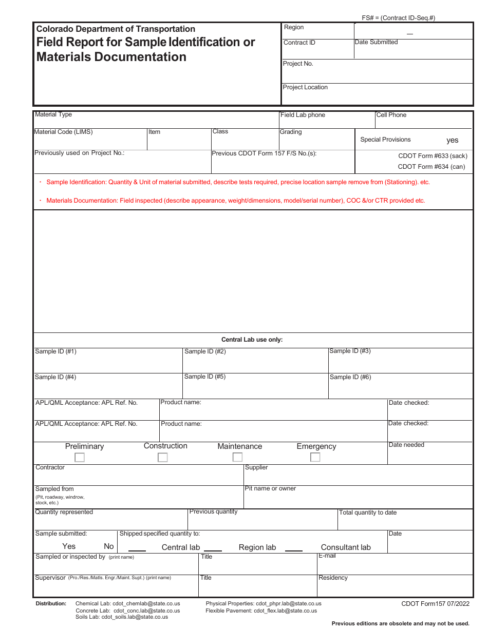 CDOT Form 157 Field Report for Sample Identification or Materials Documentation - Colorado, Page 1