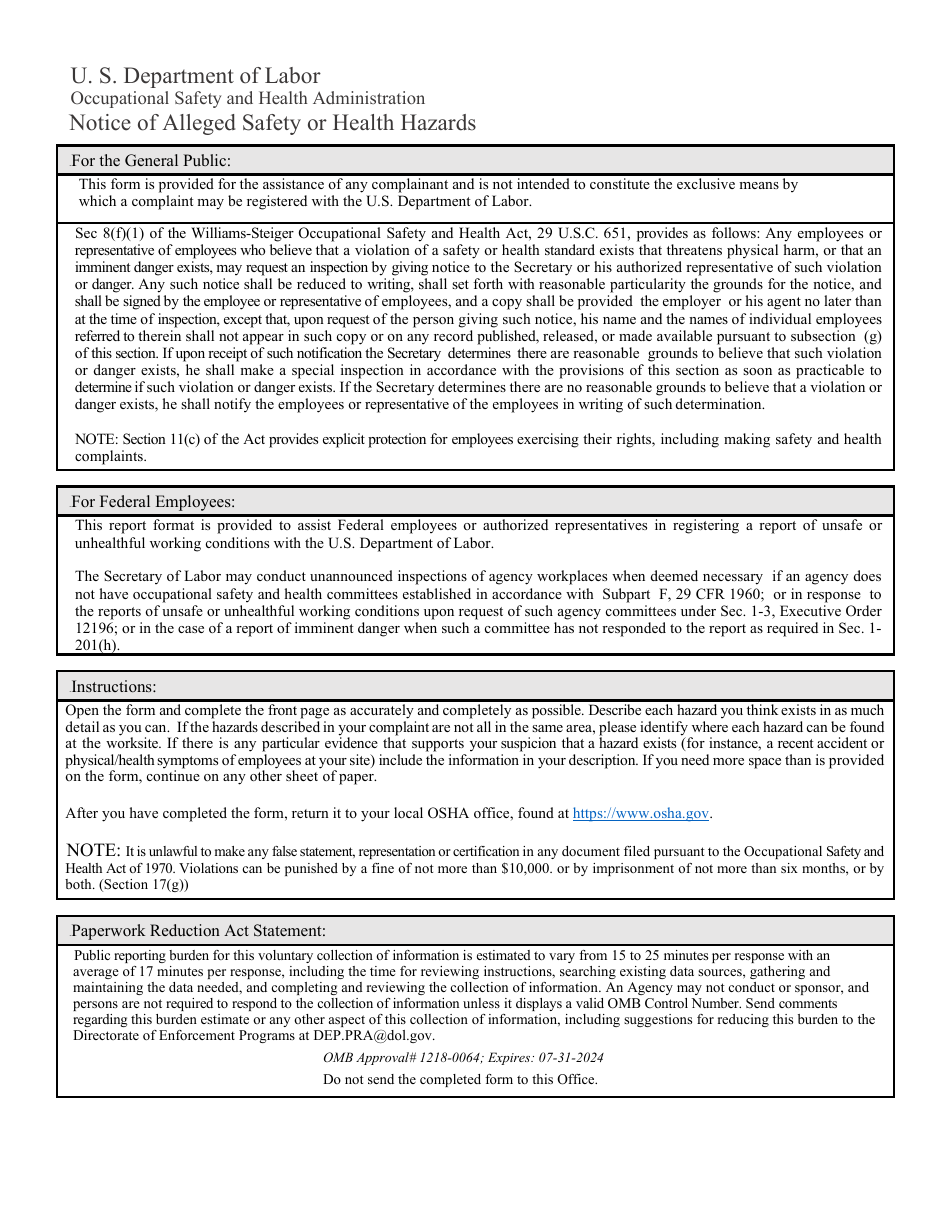 OSHA Form 7 Notice of Alleged Safety or Health Hazards, Page 1