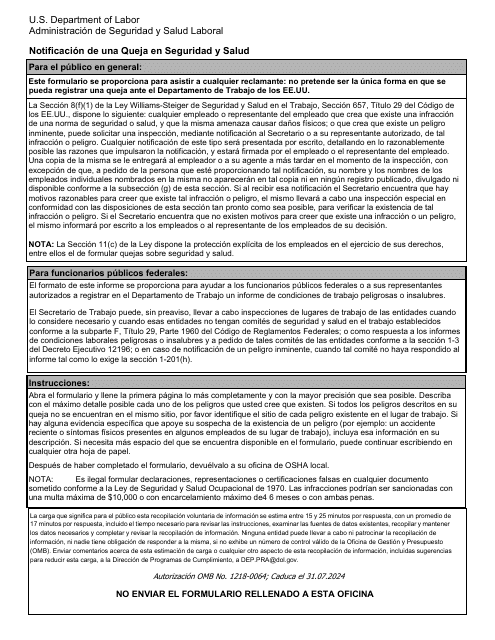 OSHA Formulario 7 Notificacion De Una Queja En Seguridad Y Salud (Spanish)