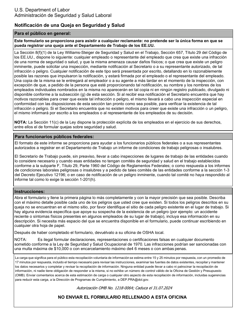 OSHA Formulario 7 Notificacion De Una Queja En Seguridad Y Salud (Spanish), Page 1