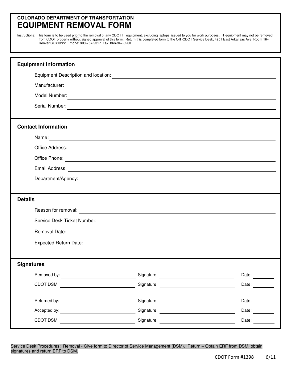 CDOT Form 1398 Equipment Removal Form - Colorado, Page 1
