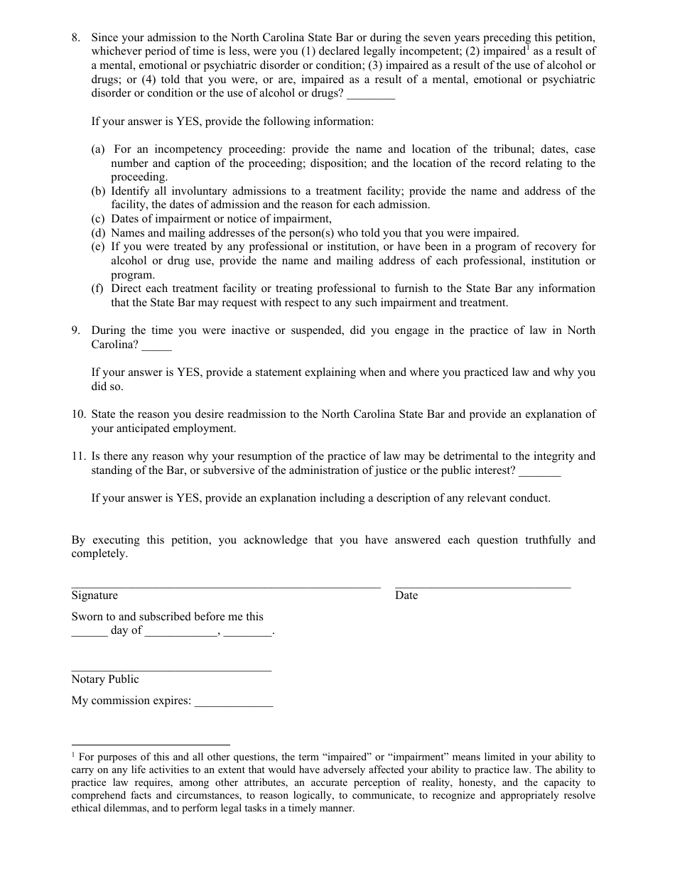Reinstatement Petition (Long Form) for Lawyers Who Have Been Inactive or Suspended for More Than 12 Months - North Carolina, Page 6
