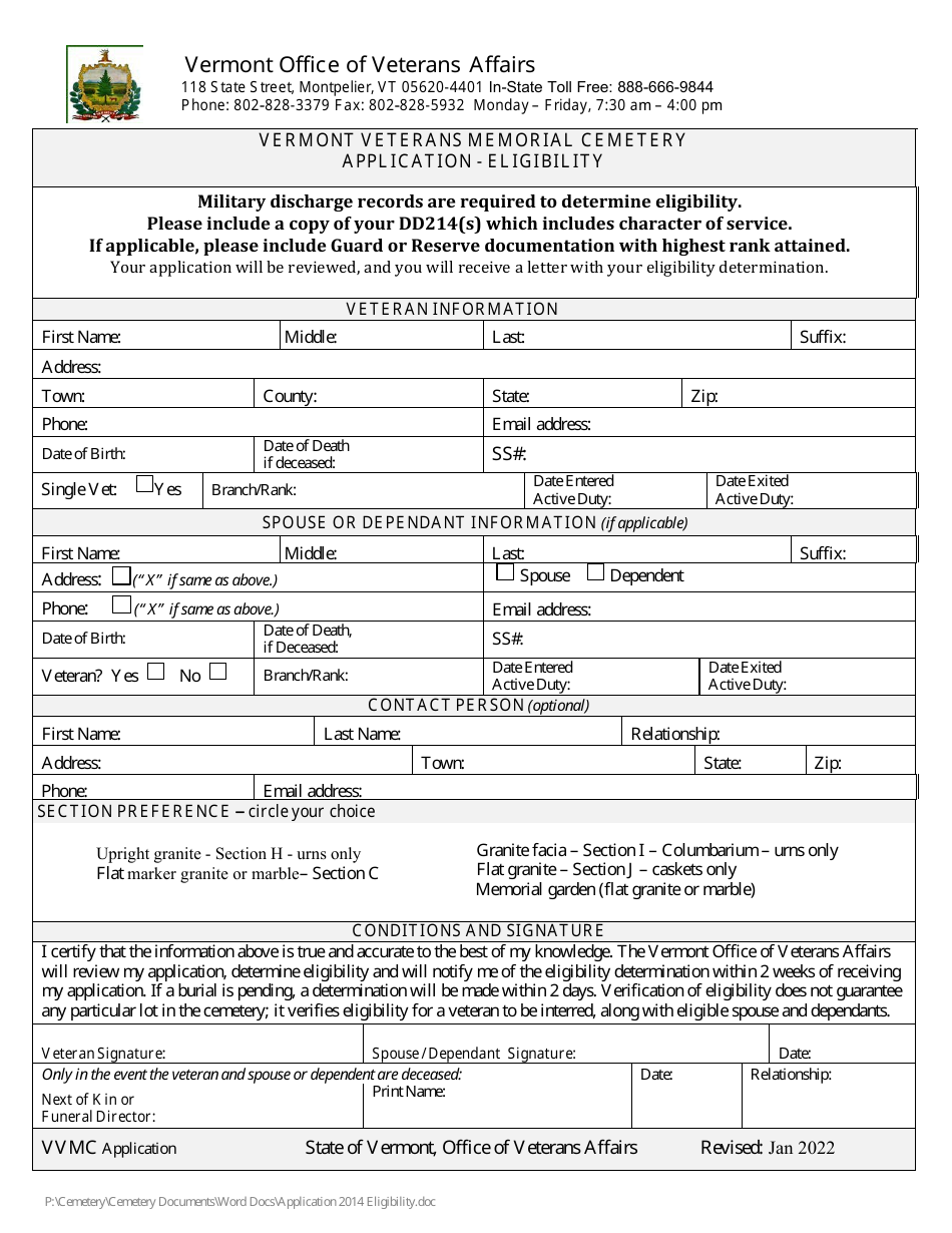 Vermont Veterans Memorial Cemetery Application - Eligibility - Vermont, Page 1