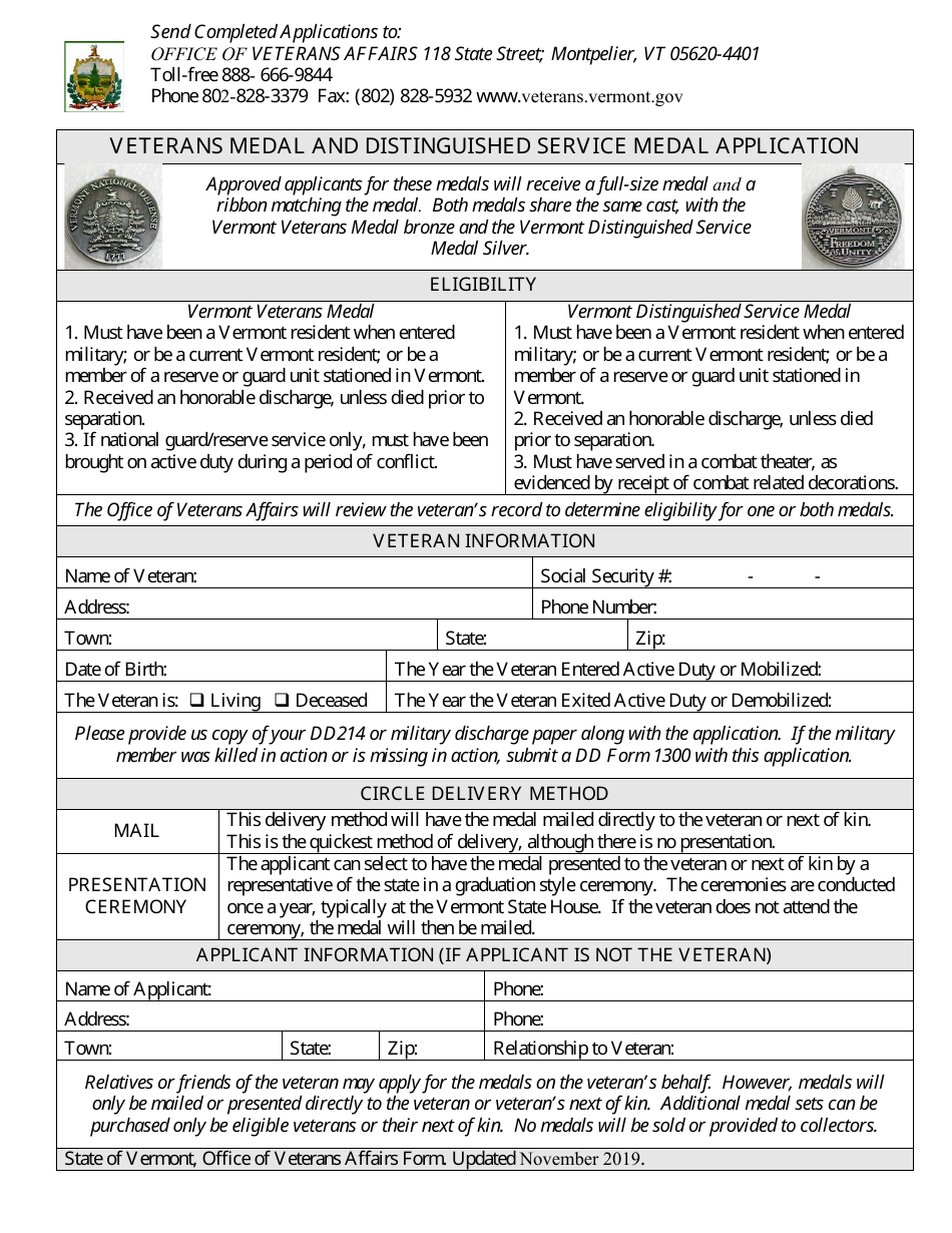 Veterans Medal and Distinguished Service Medal Application - Vermont, Page 1