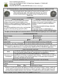 Document preview: Veterans Medal and Distinguished Service Medal Application - Vermont