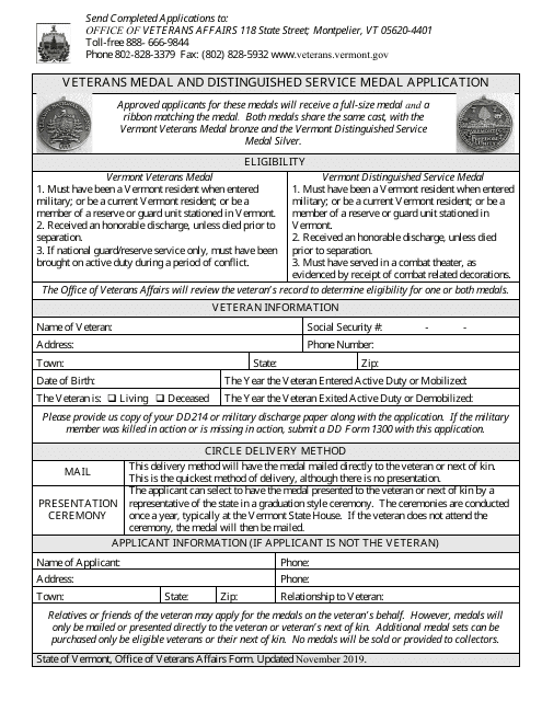 Veterans Medal and Distinguished Service Medal Application - Vermont Download Pdf