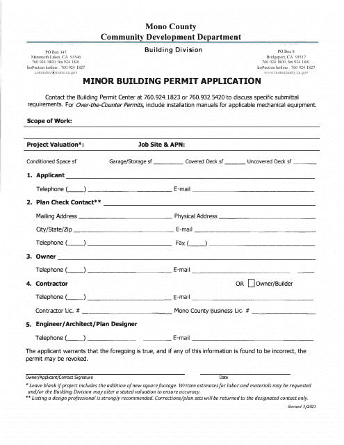 Minor Building Permit Application - Mono County, California Download Pdf