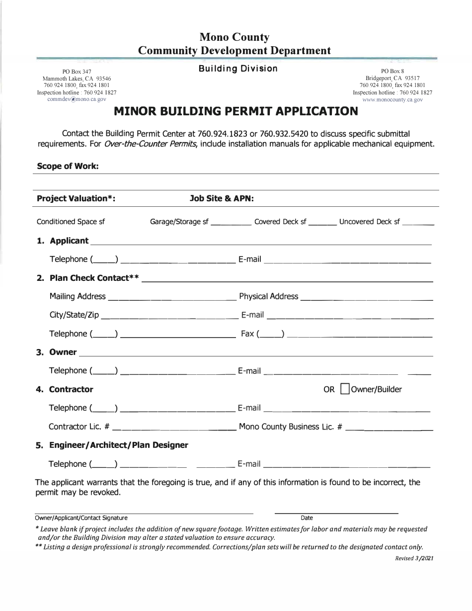 Minor Building Permit Application - Mono County, California, Page 1