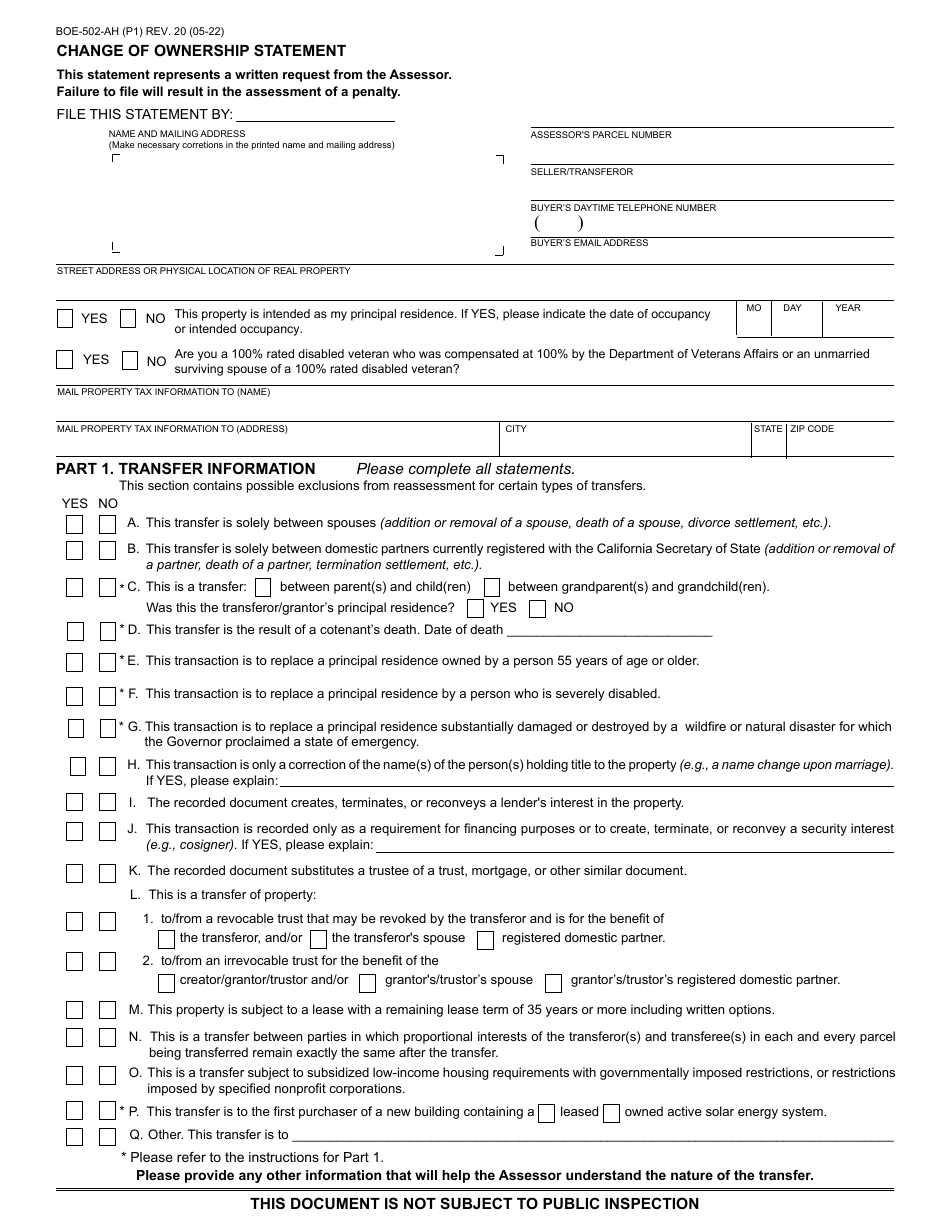 Form BOE-502-AH Change of Ownership Statement - California, Page 1