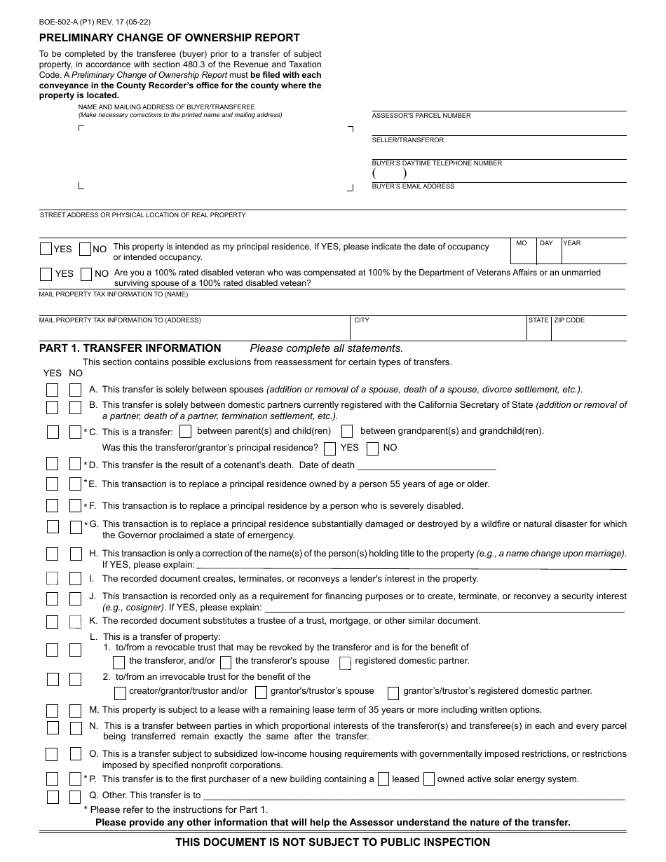 Form BOE-502-A Preliminary Change of Ownership Report - California, Page 1