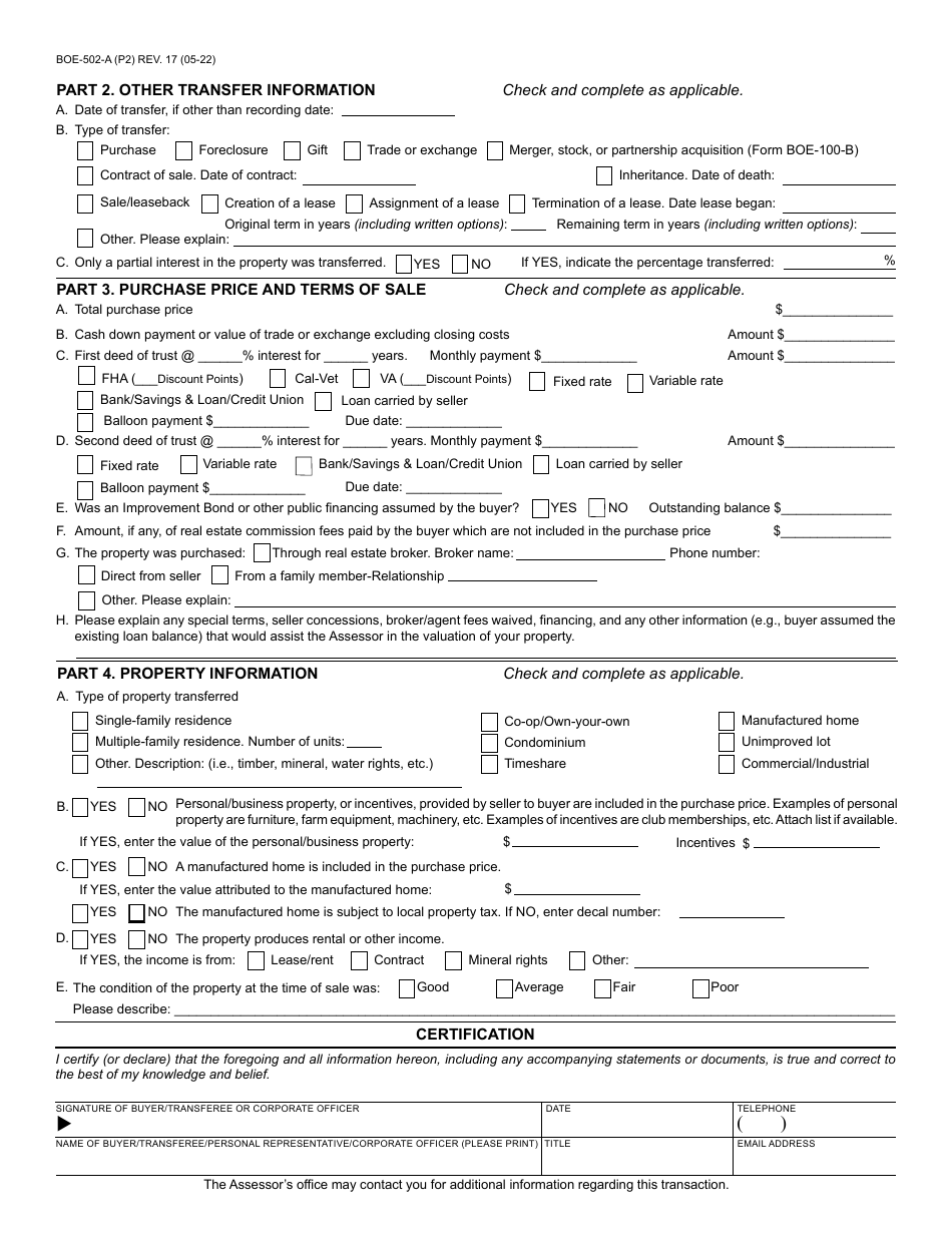 Form BOE-502-A Preliminary Change of Ownership Report - California, Page 2