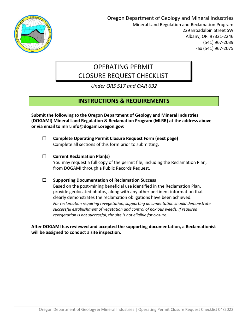 Operating Permit Closure Request Checklist - Oregon, Page 1