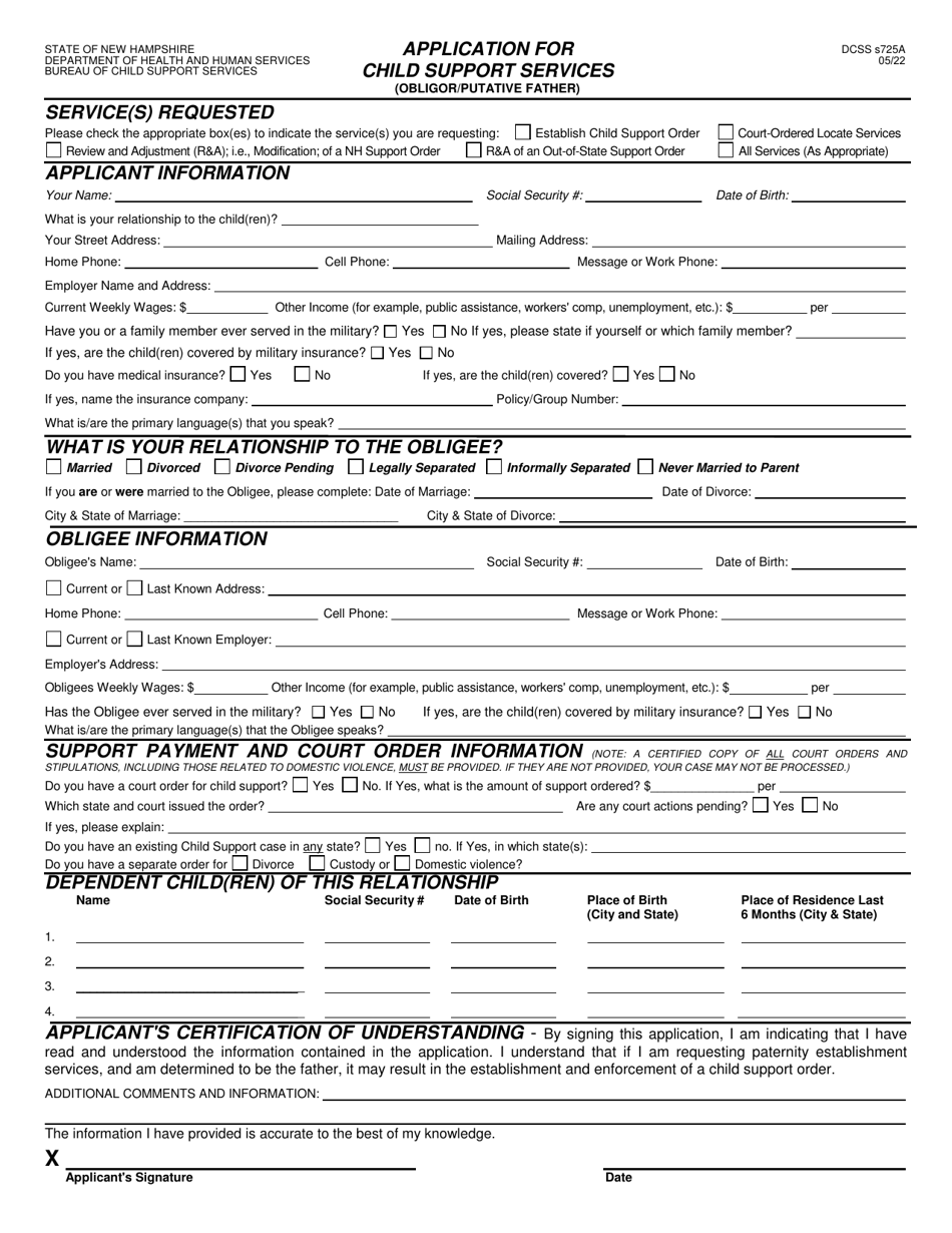 Form DCSS s725A Application for Child Support Services (Obligor / Putative Father) - New Hampshire, Page 3