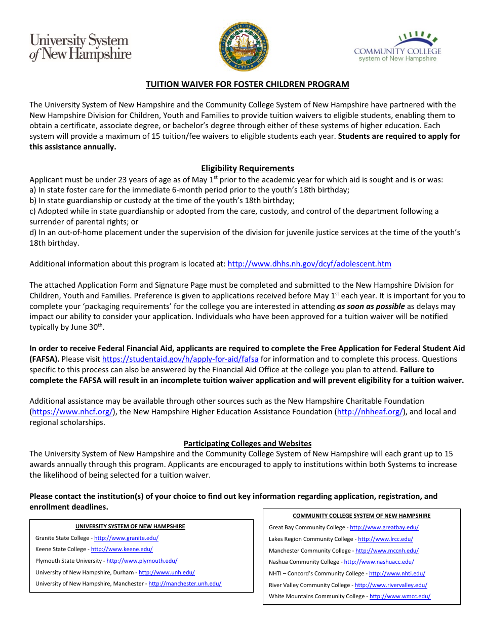 Application Form - Tuition Waiver for Foster Children Program - New Hampshire, Page 1