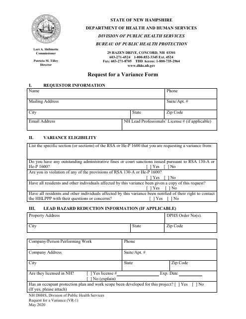 Form VR-1 Request for a Variance Form - New Hampshire