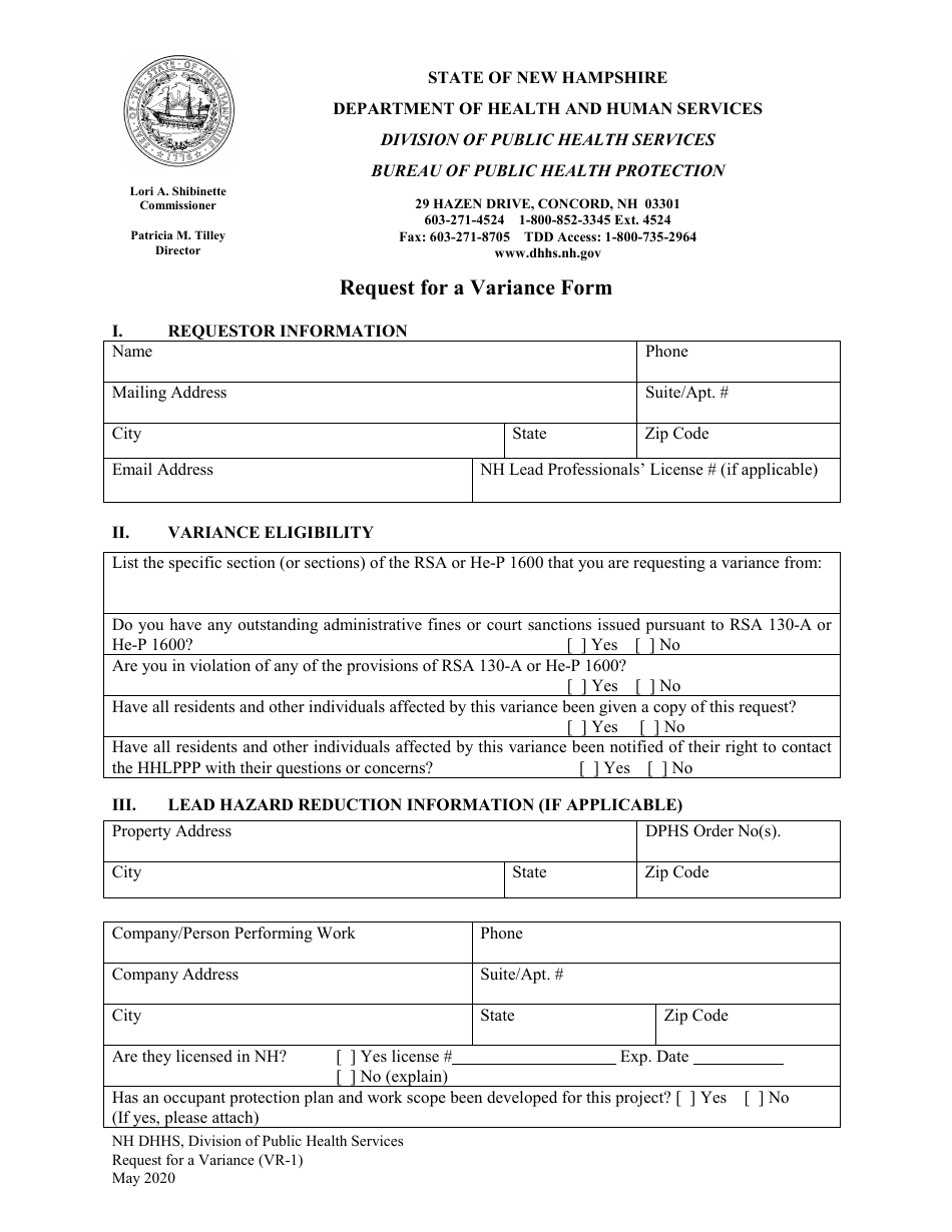 Form VR-1 Request for a Variance Form - New Hampshire, Page 1