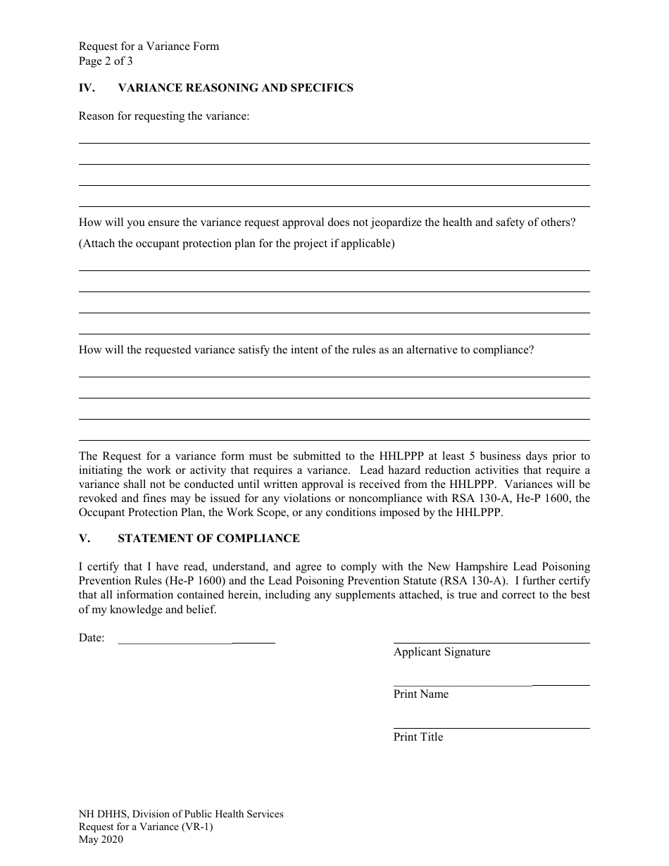 Form VR-1 Request for a Variance Form - New Hampshire, Page 2