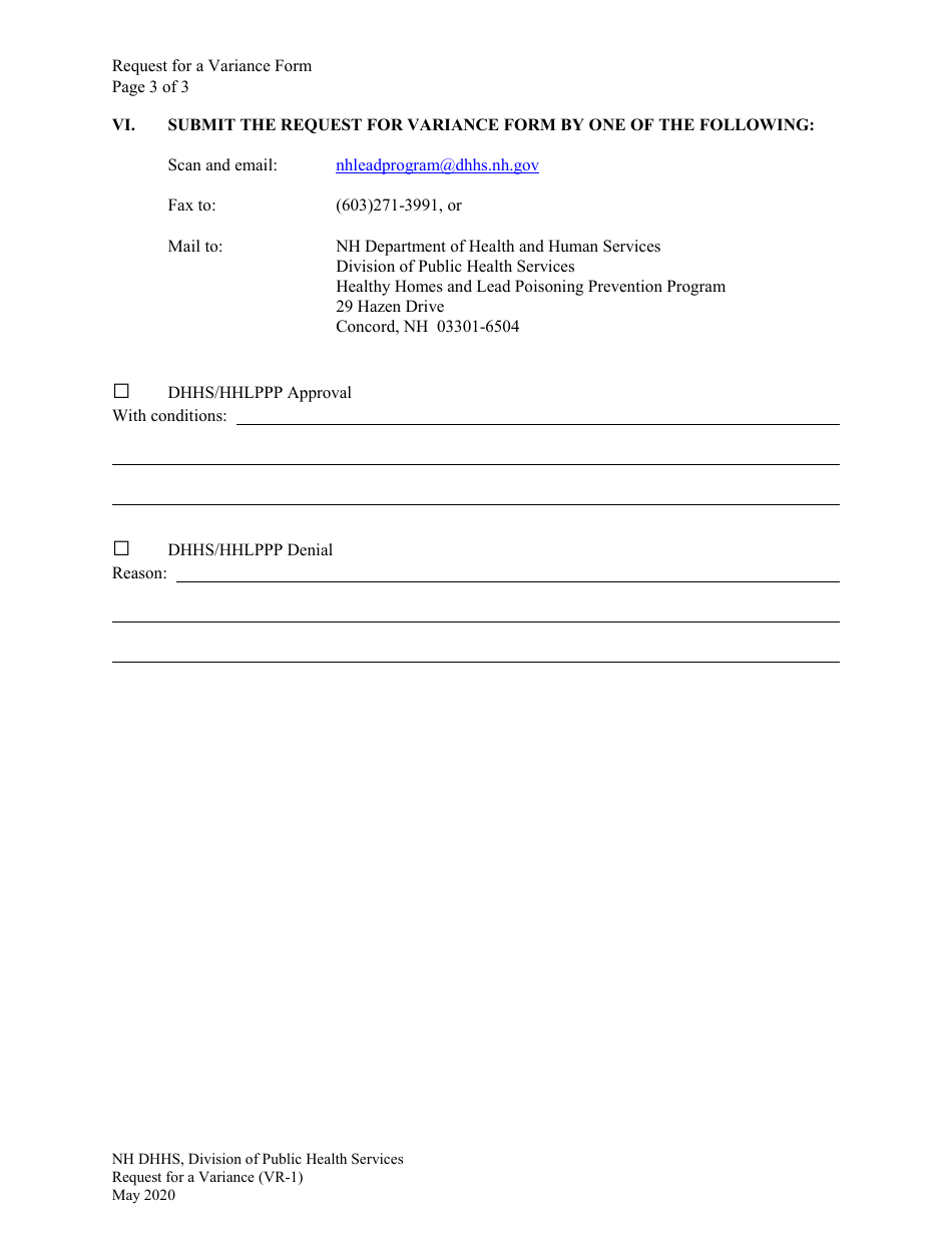 Form VR-1 Request for a Variance Form - New Hampshire, Page 3