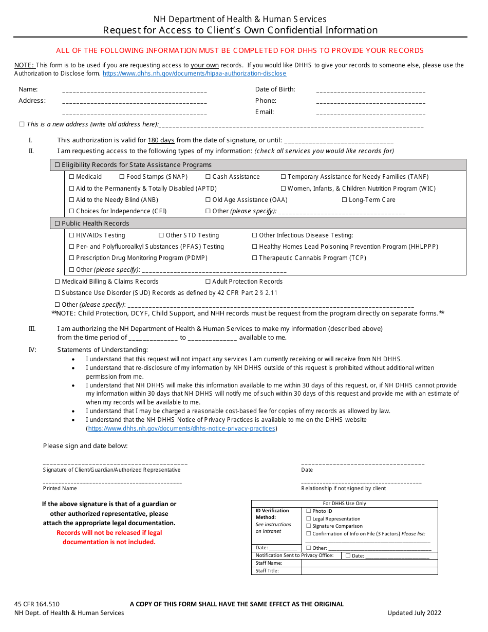 Request for Access to Clients Own Confidential Information - New Hampshire, Page 2