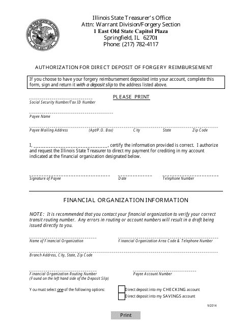Authorization for Direct Deposit of Forgery Reimbursement - Illinois