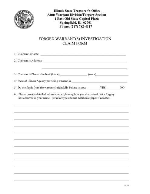 Forged Warrant(S) Investigation Claim Form - Illinois Download Pdf