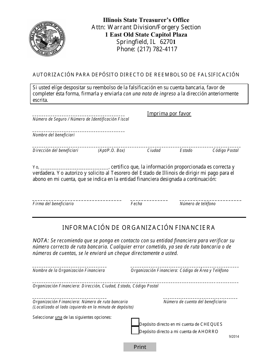 Autorizacion Para Deposito Directo De Reembolso De Falsificacion - Illinois (Spanish), Page 1