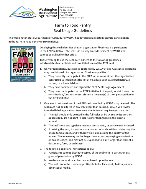 Form AGR-2250 Farm to Food Pantry Seal Usage Agreement - Washington