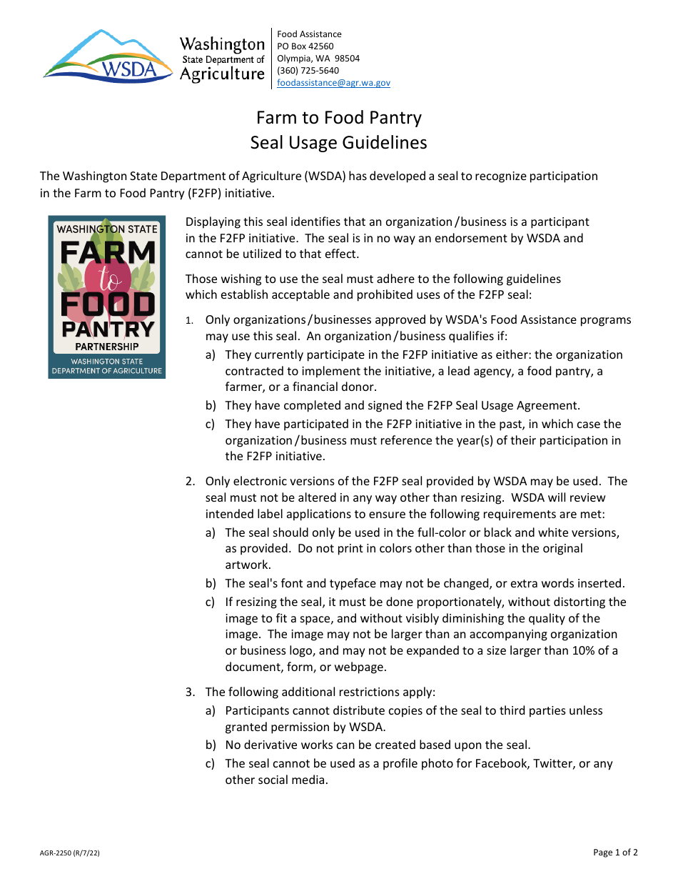 Form AGR-2250 Farm to Food Pantry Seal Usage Agreement - Washington, Page 1