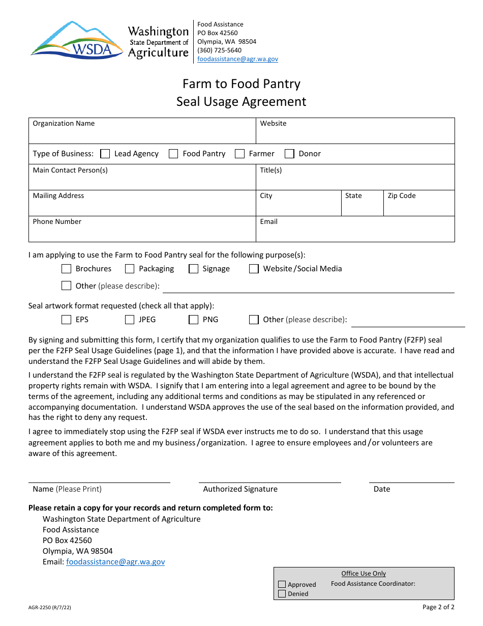 Form AGR-2250 Farm to Food Pantry Seal Usage Agreement - Washington, Page 2