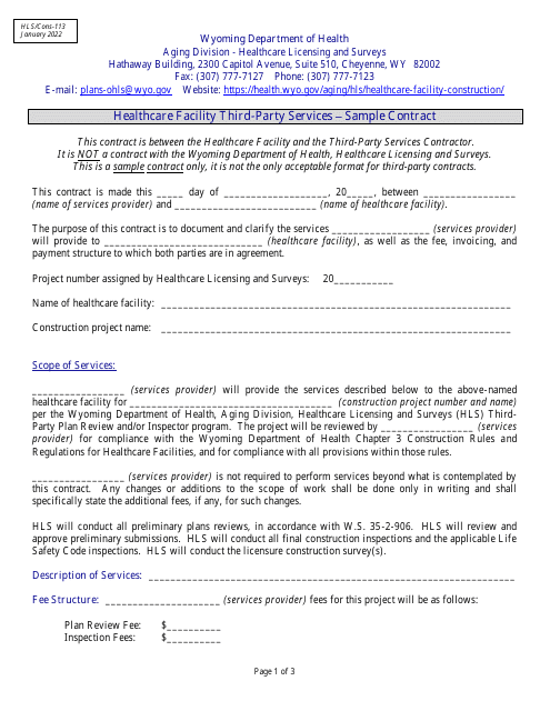 Form HLS/Cons-113 Healthcare Facility Third-Party Services - Sample Contract - Wyoming