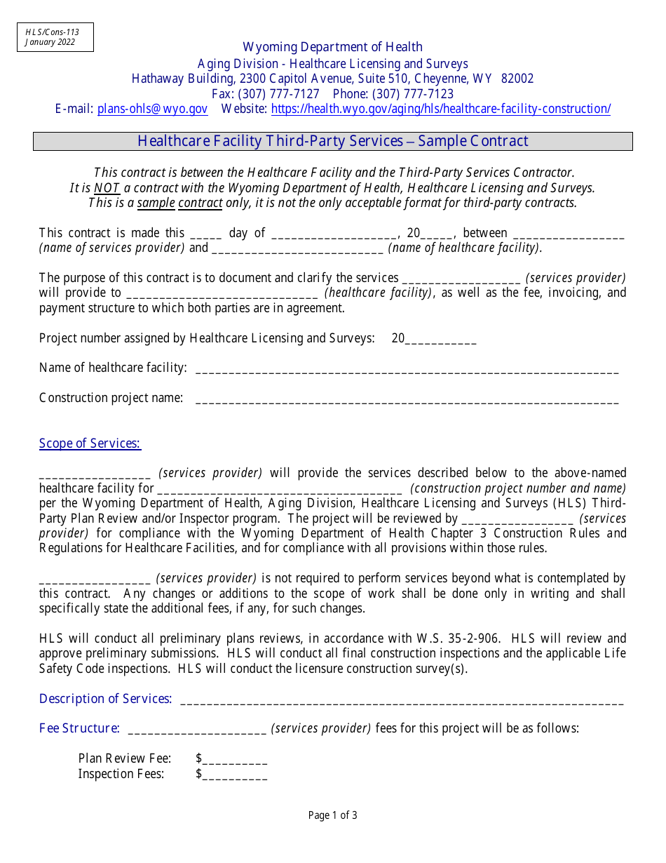 Form HLS / Cons-113 Healthcare Facility Third-Party Services - Sample Contract - Wyoming, Page 1