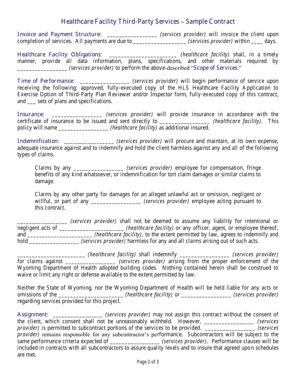 Form HLS / Cons-113 Healthcare Facility Third-Party Services - Sample Contract - Wyoming, Page 2