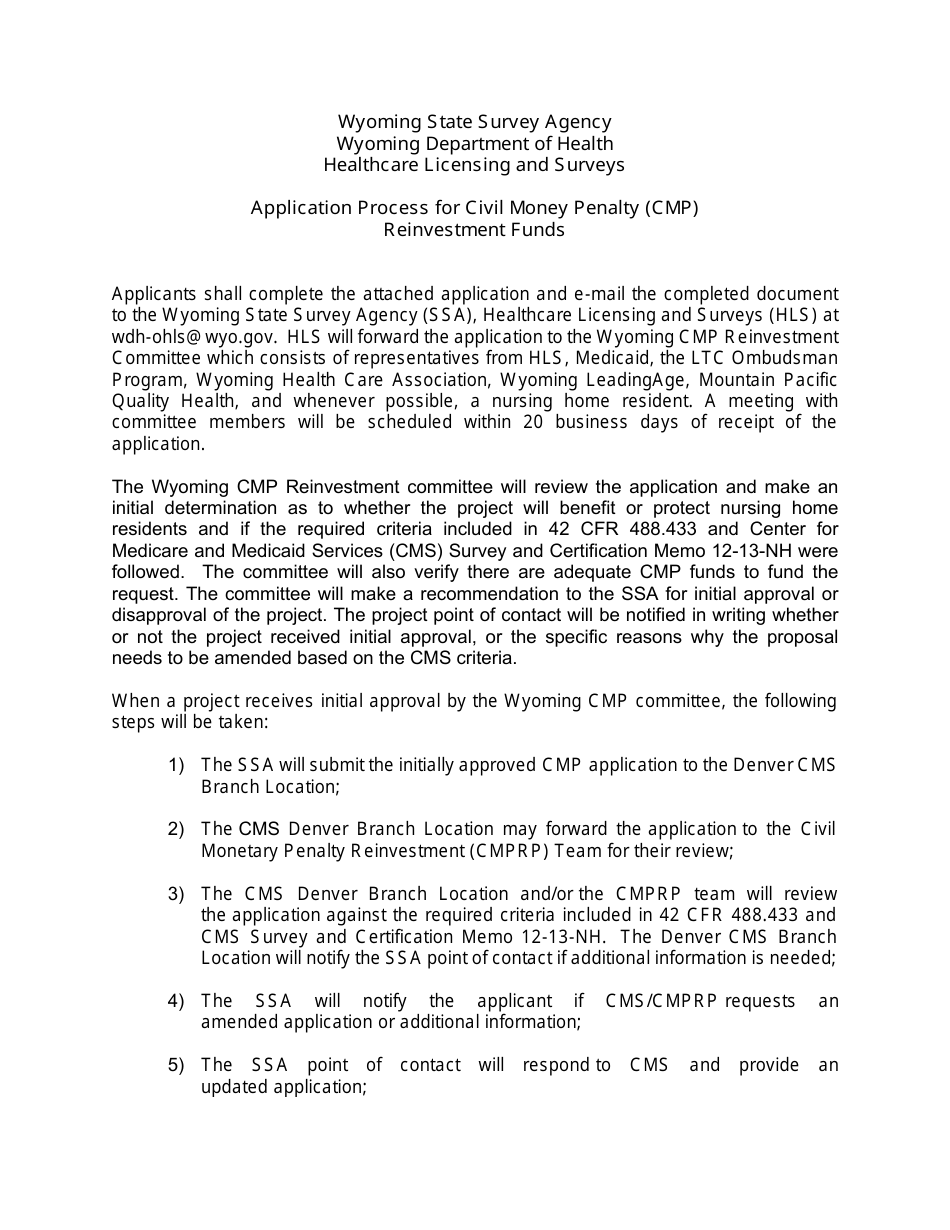 Civil Money Penalty (Cmp) Reinvestment Application Template - Wyoming, Page 1