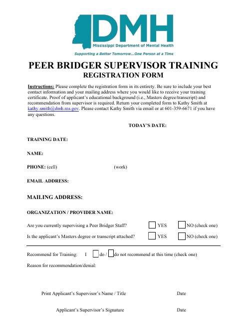 Peer Bridger Supervisor Training Registration Form - Mississippi