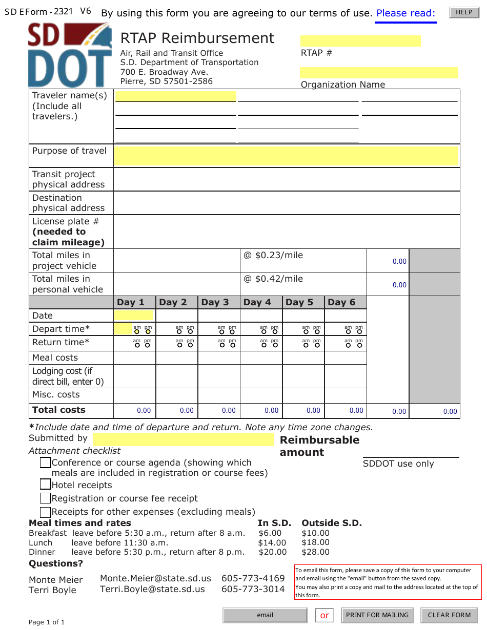 SD Form 2321 Rtap Reimbursement - South Dakota, Page 1