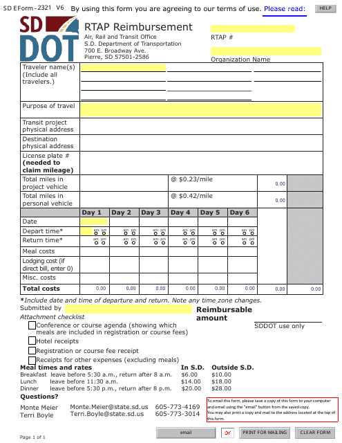 SD Form 2321 Rtap Reimbursement - South Dakota