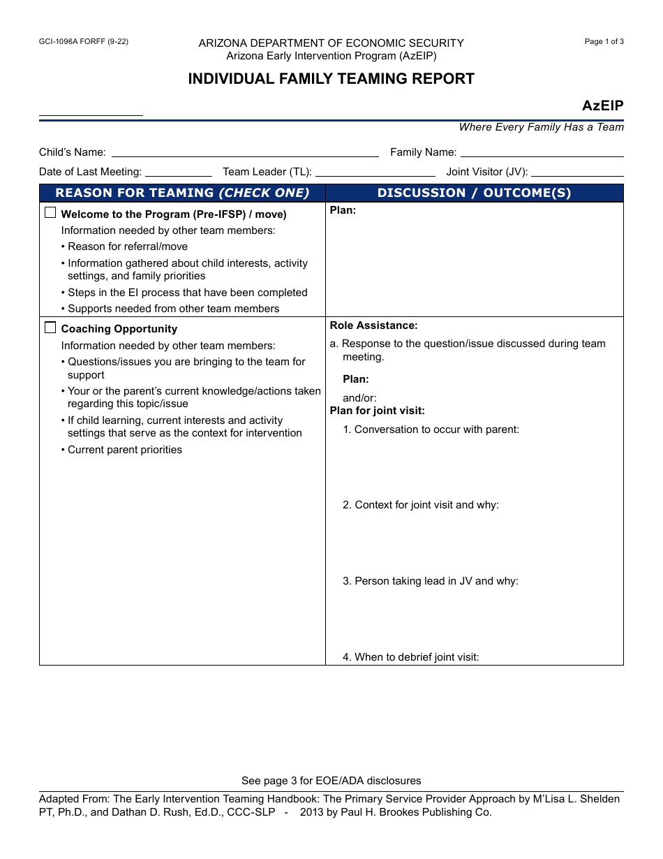 Form GCI-1096A Individual Family Teaming Report - Arizona, Page 1