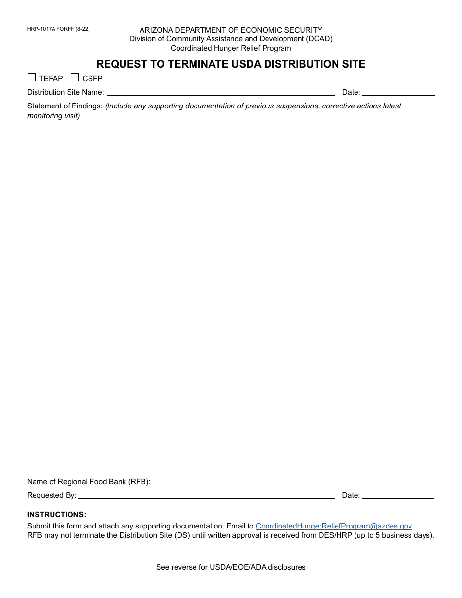 Form HRP-1017A Request to Terminate Usda Distribution Site - Arizona, Page 1
