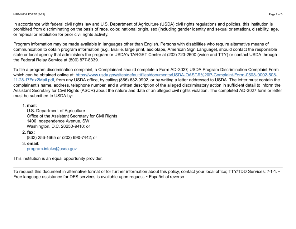 Form HRP-1013A Household Distribution Site Sign-In Sheet - the Emergency Food Assistance Program (Tefap) - Arizona (English / Spanish), Page 2