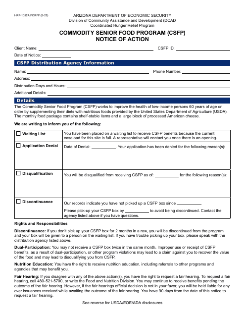 Form HRP-1052A Notice of Action - Commodity Senior Food Program (Csfp) - Arizona