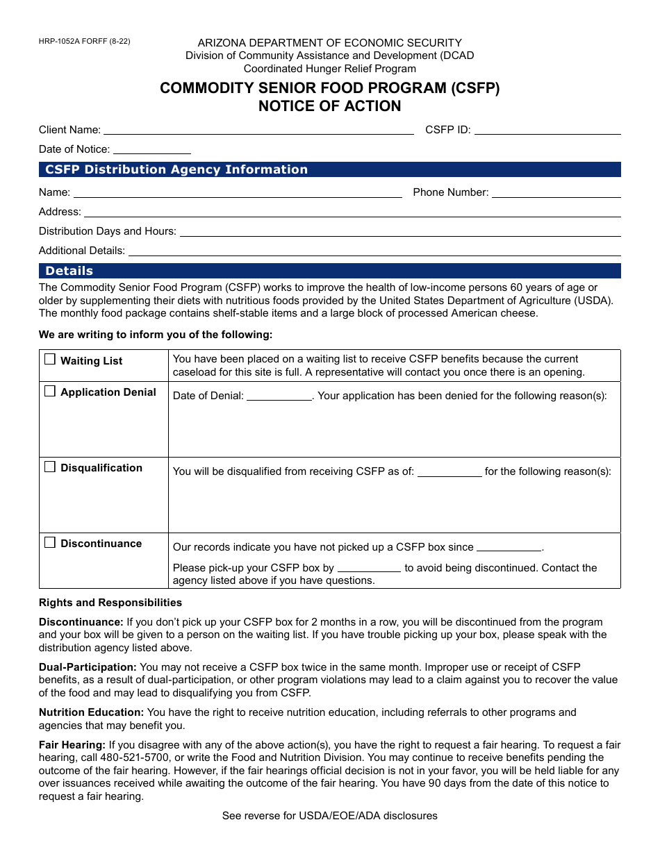 Form HRP-1052A Notice of Action - Commodity Senior Food Program (Csfp) - Arizona, Page 1