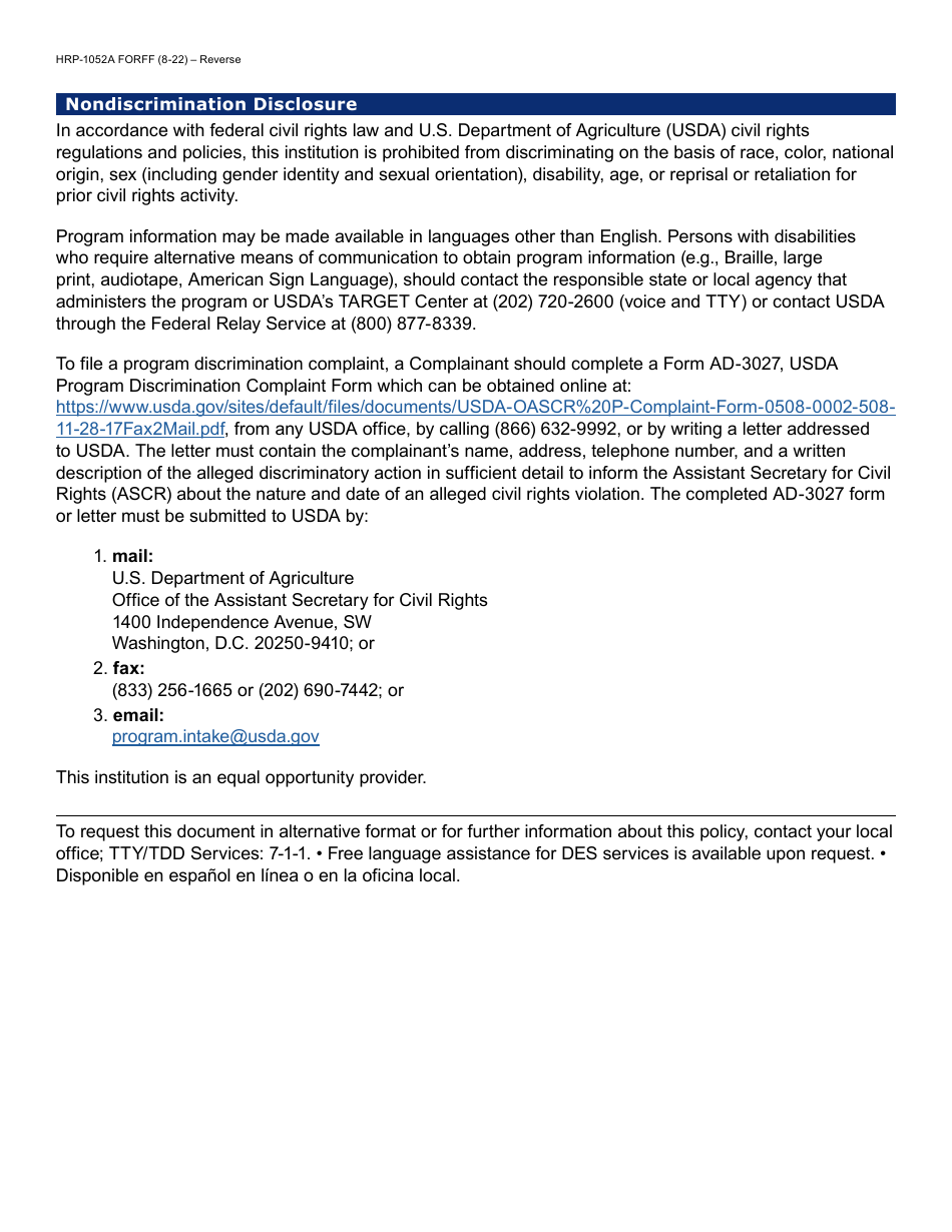 Form HRP-1052A Notice of Action - Commodity Senior Food Program (Csfp) - Arizona, Page 2